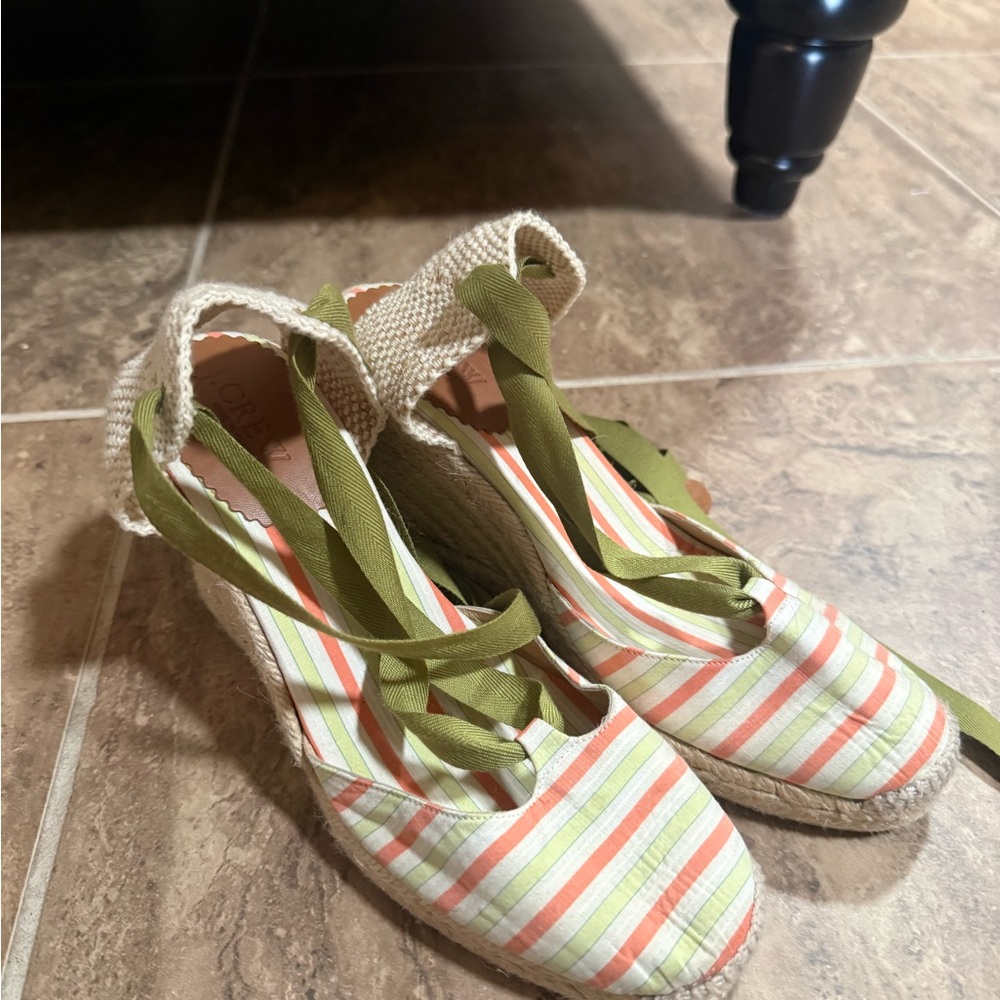 J. Crew Multicolor Striped Espadrilles with Olive Laces